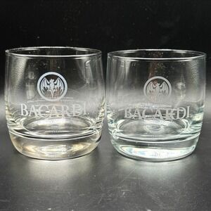 Bacardi Rum Rocks Glasses Etched Bat Logo Heavy Base Lowball Rocks Tumblers - 2